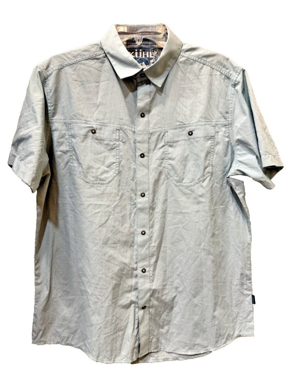Kuhl Stealth Shirt Mens Medium Blue Short Sleeve Snap Button Outdoor Hiking 7276
